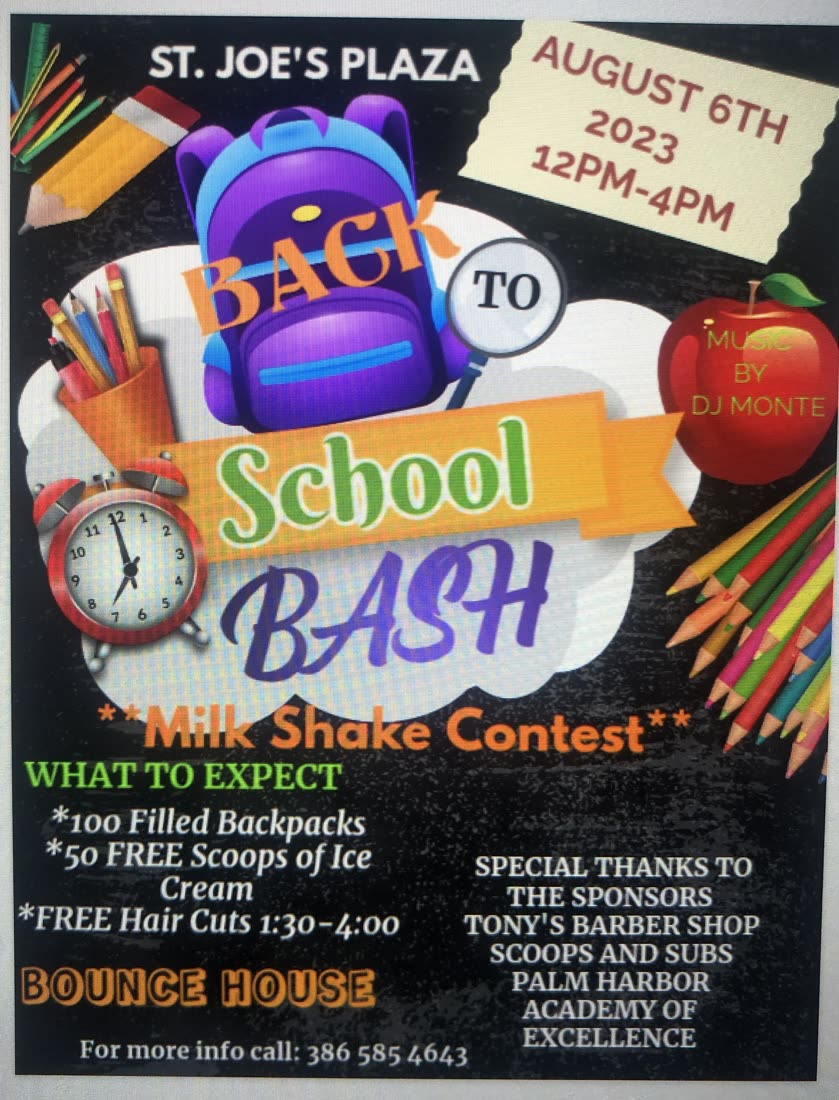 Back to School Bash 2023 flyer — free backpacks, free ice cream, free haircuts