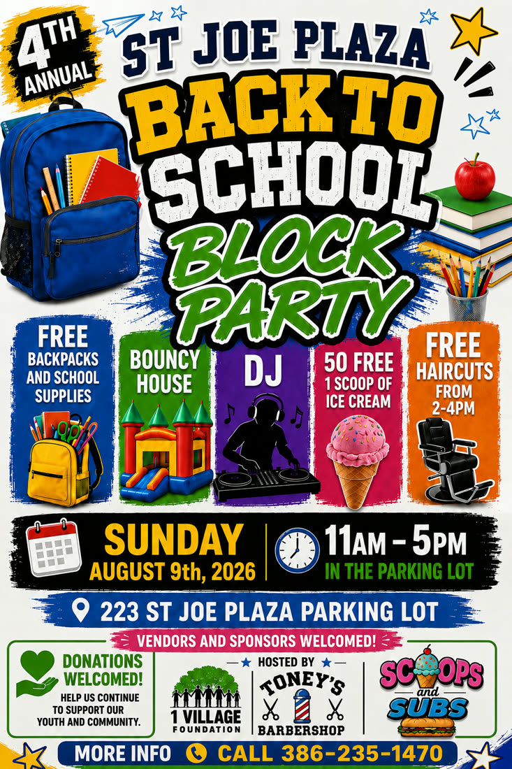 4th Annual St. Joe Plaza Back to School Block Party flyer — Sunday, August 9th, 2026