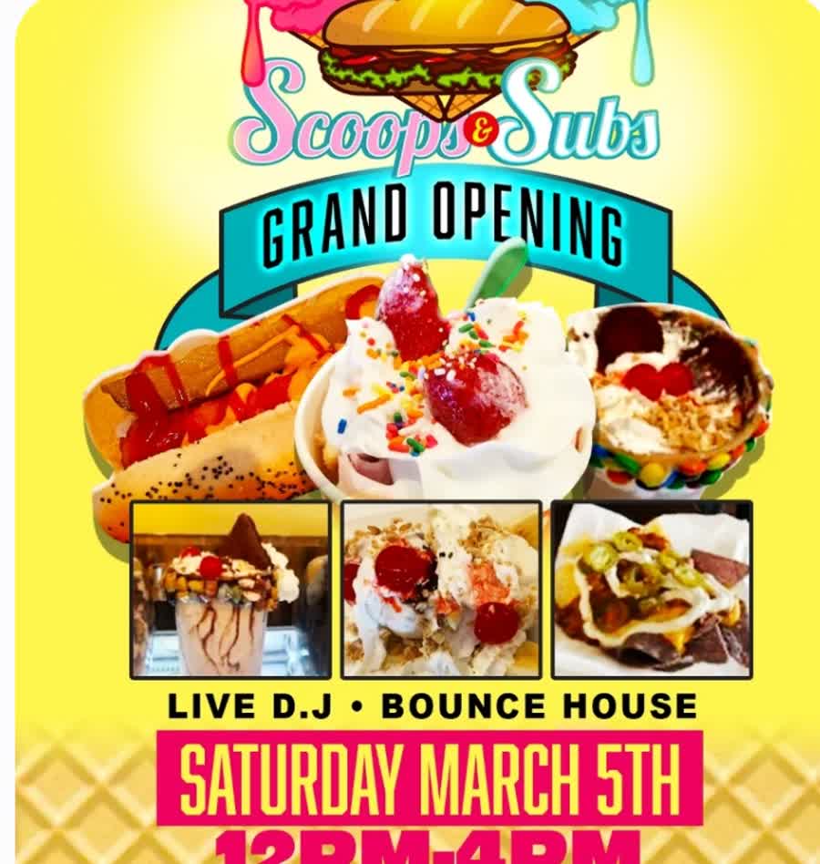 Scoops & Subs Grand Opening flyer — Live DJ and bounce house